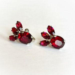 VTG Sterling Screw Back Earrings Victorian Style Red Rhinestone